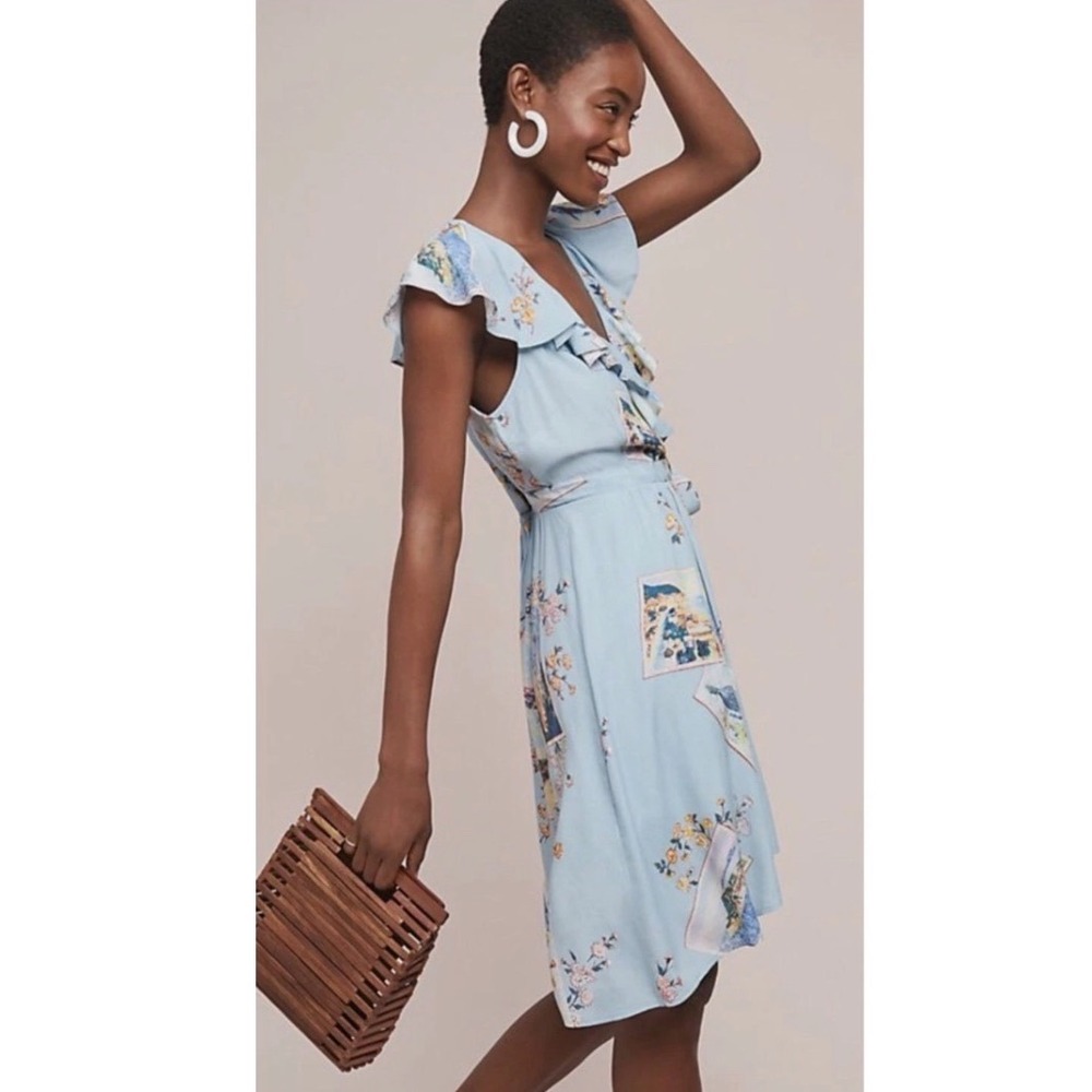 Maeve Anthropologie Tropical Postcard Wrap Dress Toucan Blue Ruffle Size 8